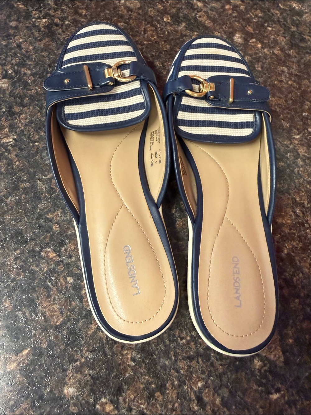Lands' End Navy and White Striped Slip-On Mules with Gold Buckle